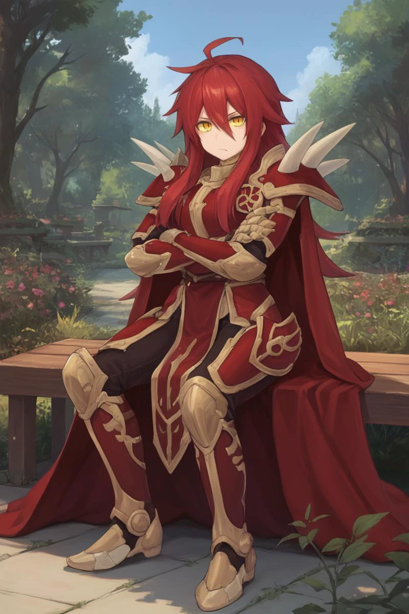 score_9, score_8_up, score_7_up, score_6_up, source_anime, BREAK, <lora:GulcasaPonyXL:0.6> , Guldef, (1boy), red hair, long hair, full armor, hair between eyes, yellow eyes, (armor), spikes, shoulder armor, shoulder spikes, cape, red cape, pauldrons, gauntlets, (looking at viewer), angry, closed mouth, (crossed arms), full body, sitting, garden, courtyard, bench, <lora:detailed_backgrounds_v2:0.6> , masterpiece, best quality, very aesthetic, absurdres, forest, outdoors, nature, blue sky, <lora:Concept Art Eclipse Style LoRA_Pony XL v6:0.3> , concept art, realistic,