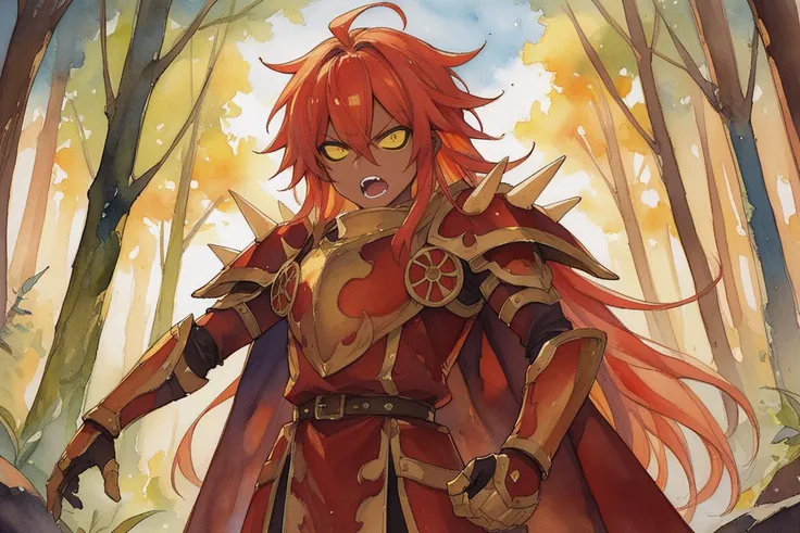 score_9, score_8_up, score_7_up, score_6_up, source_anime, BREAK, <lora:Gulcasa-000012:0.6> , guldef, very dark skin, dark-skinned male, Guldem, fiery aura, (1boy), red hair, long hair, hair between eyes, (yellow sclera), yellow eyes, (armor), spikes, shoulder armor, shoulder spikes, cape, red cape, pauldrons, gauntlets, leaping into battle, (looking at viewer), shouting, angry, <lora:detailed_backgrounds_v2:0.5> , masterpiece, best quality, very aesthetic, absurdres, forest, outdoors, nature, blue sky, <lora:Watercolor Anime Style LoRA_Pony XL v6:0.7> , watercolor \(medium\), traditional media,