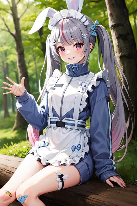 masterpiece, best quality, highres, ddmimi, long hair, grey hair, twintails, hair bow, streaked hair, maid headdress, hair ornament, hairclip, animal ears, piercing, track jacket, long sleeves, sleeves past fingers, frills, white apron, bandaid on leg, <lora:tosaki_mimi_v1:0.7>, smile, hand on own face, sitting,