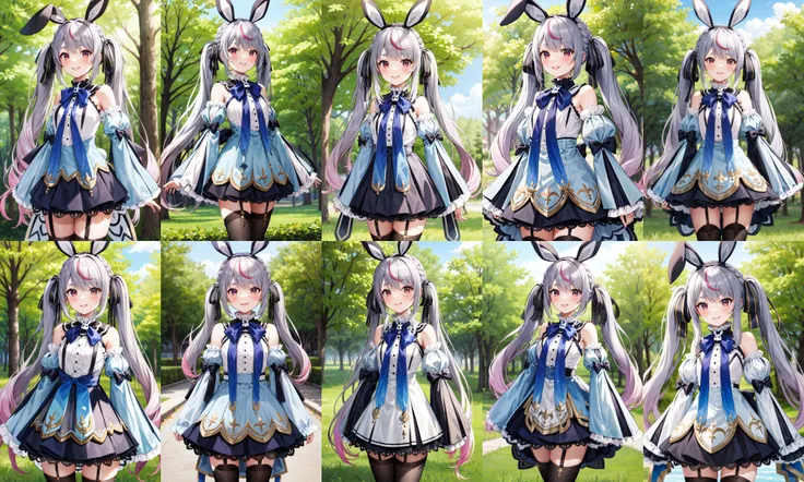 masterpiece, best quality, highres, aamimi, long hair, grey hair, twintails, streaked hair, braid, black hairband, rabbit ears, hair ribbon, thick eyebrows, bare shoulders, blue bowtie, blue dress, detached sleeves, blue sleeves, black bow, black skirt, black thighhighs, <lora:tosaki_mimi_v1:0.7>, standing, cowboy shot, outdoors, smile