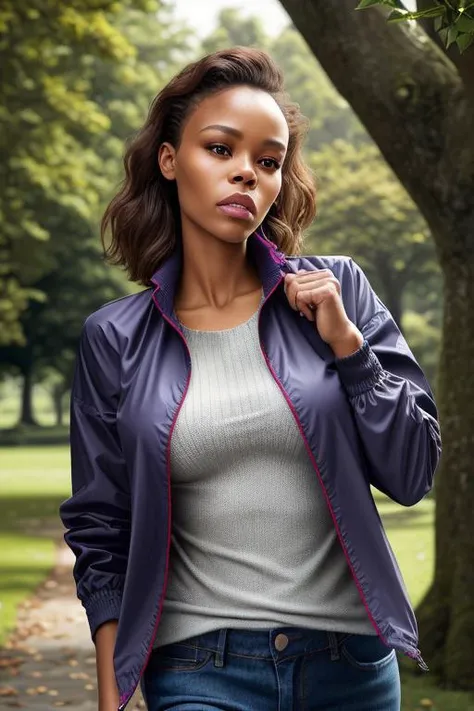 a woman walking through a park, wearing an open windbreaker, knit blouse, jeans, BREAK, trees, hedge, BREAK embedding:Agnes1, BREAK closeup photo