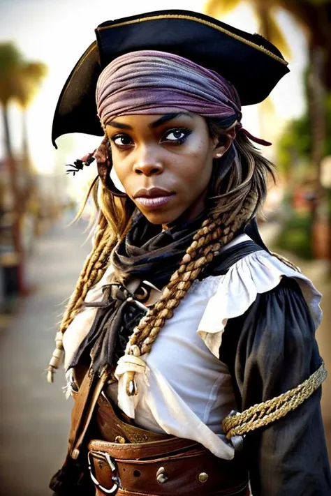 A pirate girl looking like agnes1 with a bandana or tricorn hat sits atop her head, partially concealing her rebellious, windswept hair. A medley of accessories adorns her person: a collection of rings, a compass hanging from her belt, and a distinctive eye patch that hints at her past battles and dauntless spirit