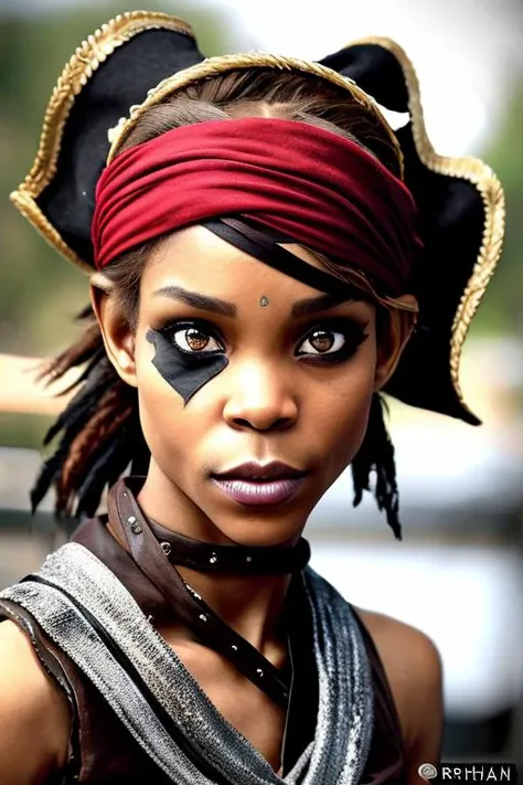 A pirate girl looking like agnes1 with a bandana or tricorn hat sits atop her head, partially concealing her rebellious, windswept hair. A medley of accessories adorns her person: a collection of rings, a compass hanging from her belt, and a distinctive eye patch that hints at her past battles and dauntless spirit