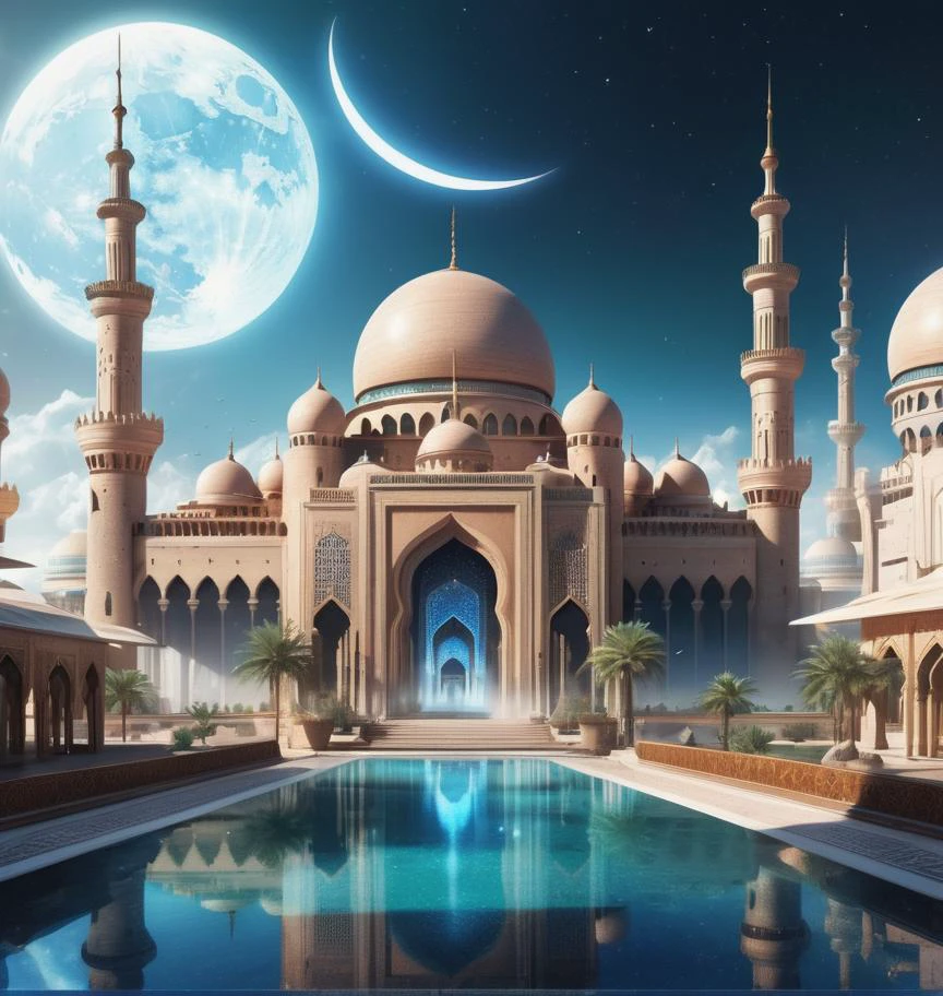there is a large futuristic masterpiece Arabian palace in the middle of a futuristic arabian city with a moon, in fantasy sci - fi city, sci-fi fantasy wallpaper, masterpiece Quranic art cityscape, epic Quranic art sci fi illustration, huge futuristic Quranic art city, fantasy scifi, sci-fi fantasy desktop wallpaper, Quranic art city background, in front of a fantasy city, fantasy city, in a castle on an alien planet with masterpiece Quranic art