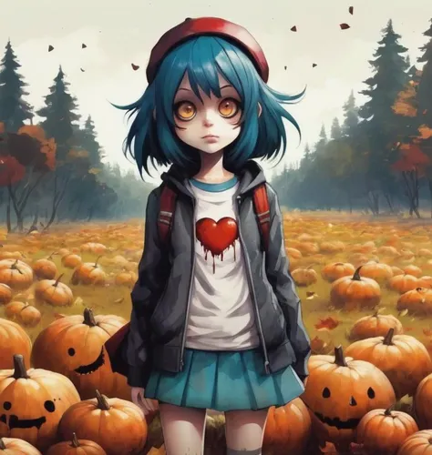 2D, monster, creepy,, (style of Skottie Young:1.3) (masterpiece,best quality:1.5), Grunge clothing, Meadow,autumn, \Mayuri (Steins;Gate)\