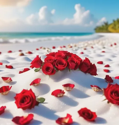 delicate scene,depth of field, 8K, The ivory sky,white clouds,and sunlight shine on the snow-white beach. The coral sea,and many colorful tiny shells on the beach,red roses, roses focus,