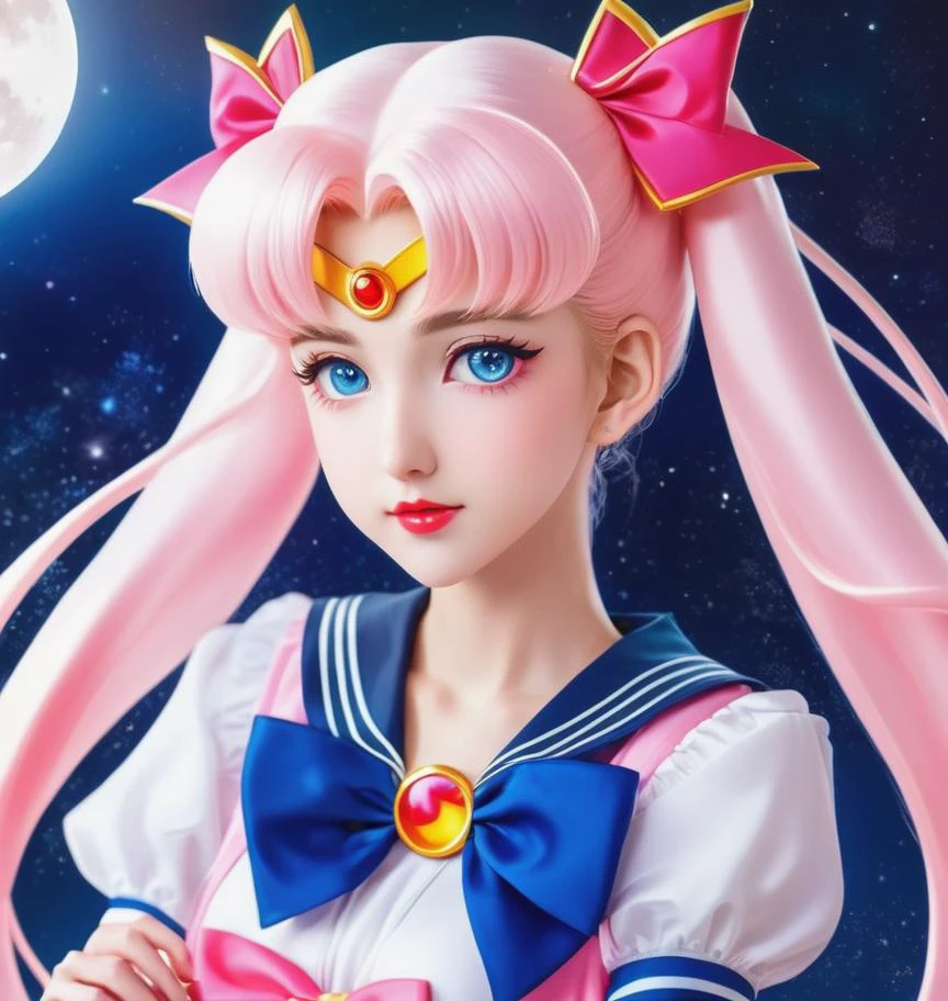 Sailor girl with pink bow and blue eyes, Sailor Moon!!!!!!!!, Water ice moon style, authorï¼the sailor moon, inspired by Sailor Moon, kawaii, Anime princess, the sailor moon. Cute anime girl, portrait of magical girl, style of anime