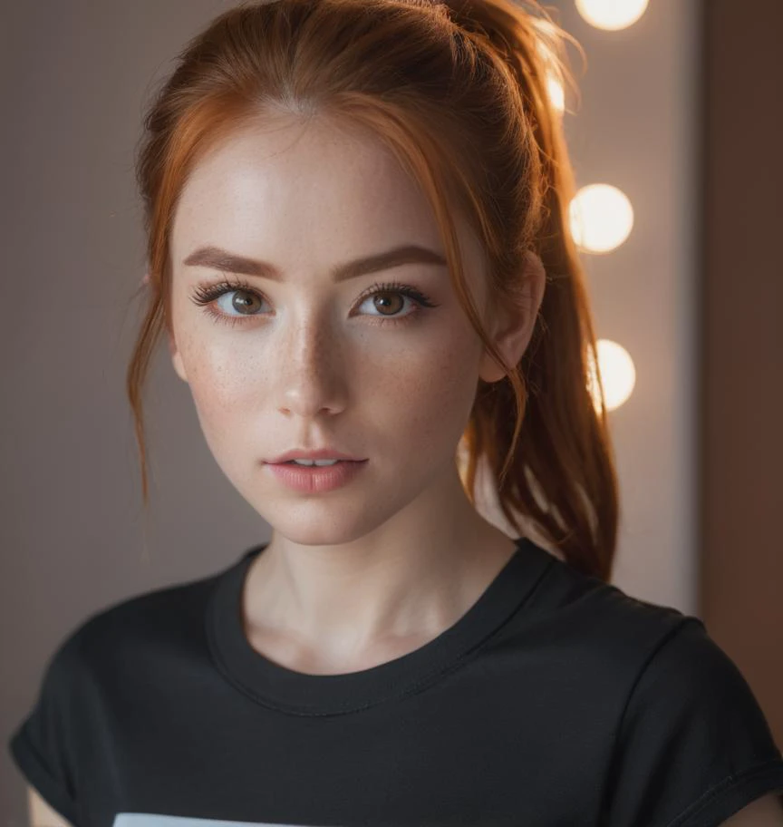 photo,8k,sharp focus,beautiful woman,close up,t-shirt,(detailed eyes:0.8),(looking at the camera:1.4),(highest quality),(best eyeshadow),brown eyes,rim lighting,two tone lighting,dimly lit,low key,intricate details,interior,ponytails,ginger hair:1.3,open mouth:0.7,freckles, photo, (realistic:1.3), 8k,