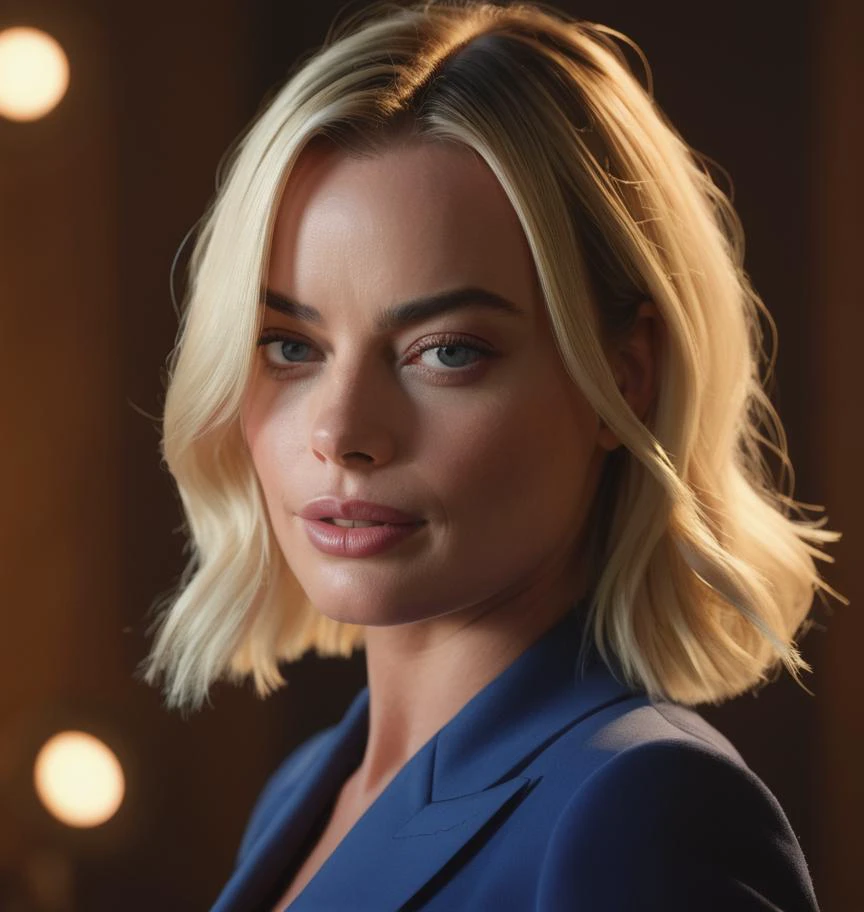 photo of Margot robbie, artstation, concept art, smooth, sharp focus,(global illumination, studio light, volumetric light), dim light, trim light, two-tone lighting,