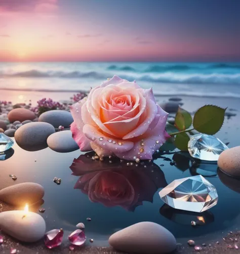 waning moon. flowers roses, stones transparent and diamond crystal in water, on the beach, fantasy, smoke , photo, HD, 8K ,