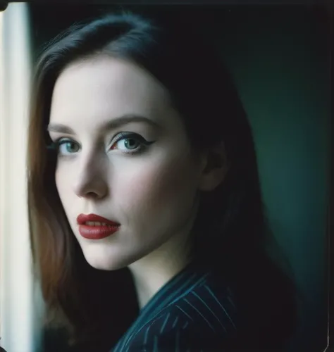 dark shot, face photo of 28 y.o pale woman, makeup, film grain