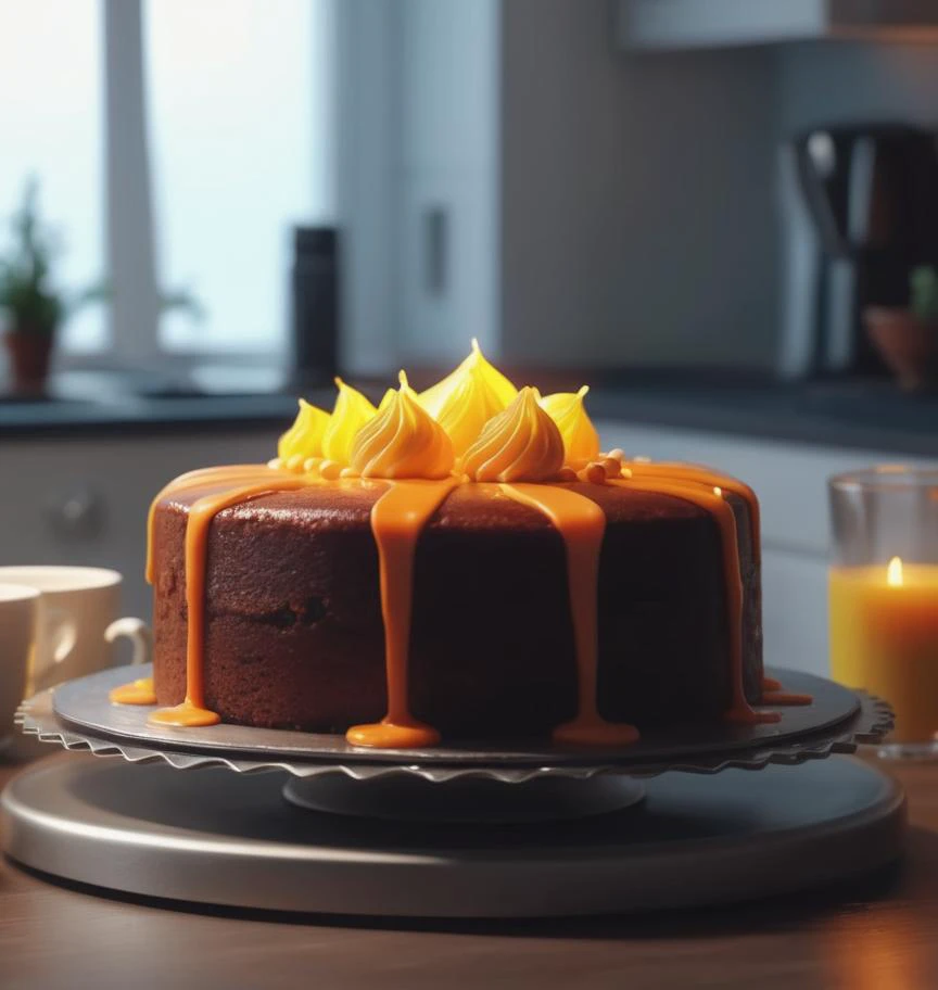 Delicious glowing cake on a dining table in the kitchen, ultra details ,photorealistic, realistic ,Cinematic, Filmic, medium shot, 4k, photography, hyper realistic, 4k, 8k,closeup