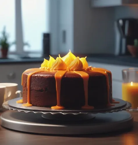 Delicious glowing cake on a dining table in the kitchen, ultra details ,photorealistic, realistic ,Cinematic, Filmic, medium shot, 4k, photography, hyper realistic, 4k, 8k,closeup