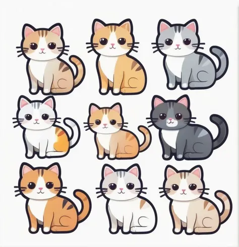 sticker cartoon cute cats, white background, style kawaii, vectorized, 45 degrees view