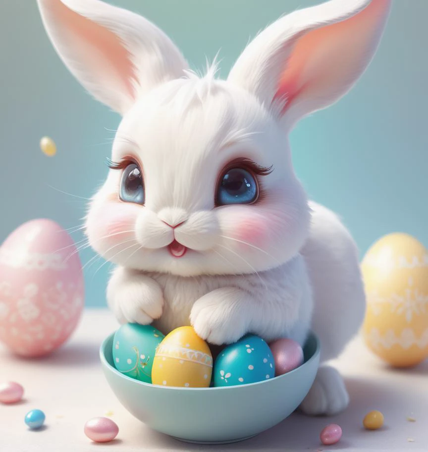 Beautiful little bunny with dreamy eyes, volumetric light, hyper realistic, intricate detail, illustration, painting, watercolor, kawaii chibi, eating easter egg, Aww!, Shallow depth of field, pastel color palette, Soft Lighting, Minimalistic, Modern, Digital painting, art by lois van baarle and ross tran and artgerm, Trending on Artstation HQ, highly detailed