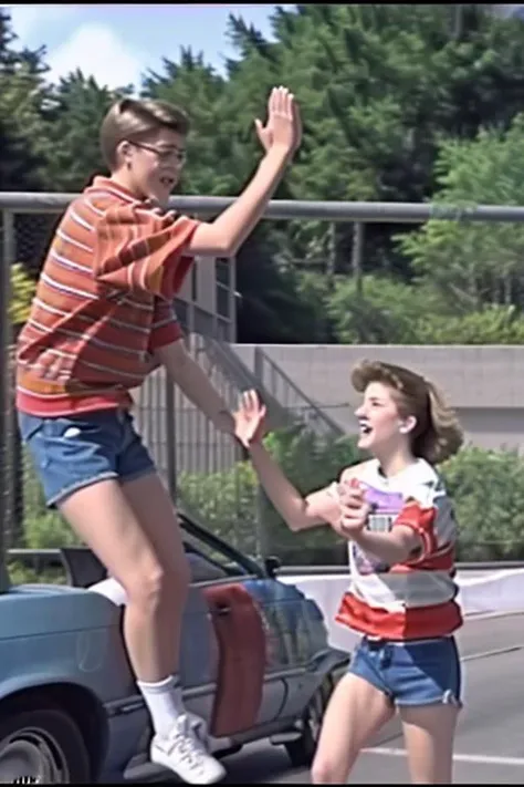 vhs, two radical teens doing a jumping (high five:1.3) Saved by the Bell style <lora:vhs:2>