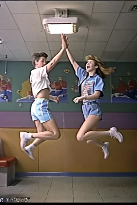 vhs, the characters from the tv show "saved by the bell" are giving each other a jumping high five in a diner 1980s style <lora:vhs:2>