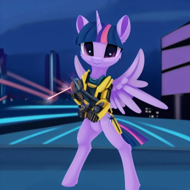 safe, solo, twilight sparkle, pony, mare, alicorn, wings, bipedal, (power armor), cyberpunk, laser beam, city, cute, by dusthiel