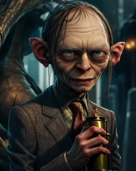 masterpiece, best quality, detailed, <lora:smeagol:0.9>, smeagol, a man with a weird face and a weird haircut is raising a trophy , (thin:1.2), jacket suit, tie, detailed face, looking at viewer, (upper body:1.4)