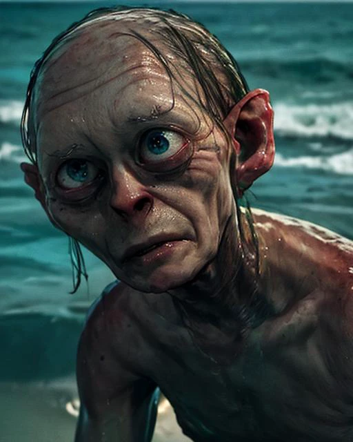 masterpiece, best quality, detailed, <lora:smeagol:0.9>, smeagol,a man with a weird face and a weird haircut is posing for a picture, (thin:1.2), sad, partially submerged in ocean, detailed face, looking at viewer, (upper body:1.4), beach background