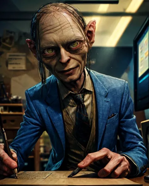 masterpiece, best quality, detailed, <lora:smeagol:0.9>, smeagol, a man with a weird face and a weird haircut is signing a contract at his desk, (thin:1.2), jacket suit, tie, detailed face, looking at viewer, (upper body:1.4)