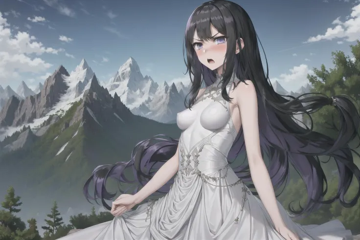 masterpiece, best quality, 1girls, purple eyes, black long hair, skirt, small breast, mountain, <lora:miki-v2+v3:0.5>, purple eyes, long white dress, white dress, angry