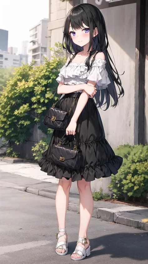 <lora:pastelMixStylizedAnime_pastelMixLoraVersion:0.25>, <lora:roluaStyleLora_r:0.25>,<lora:V11ForegroundPlant_V11:0.3>, masterpiece, best quality, 1girl, solo, purple eyes, black long hair, small breast, <lora:miki-v2+v3:0.6>, full body, sandals, blush, collarbone, white footwear, miki bag summer, miki v2,