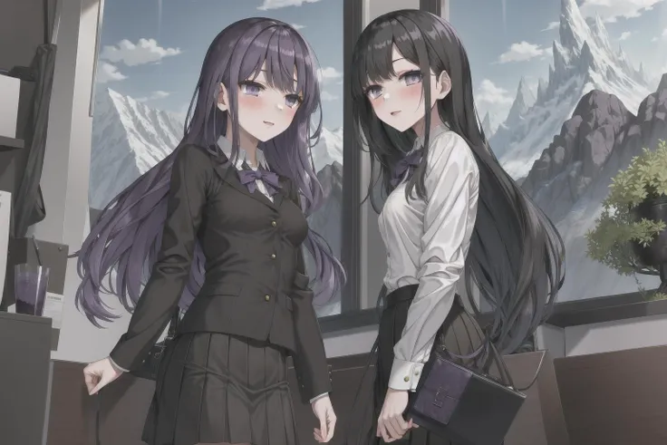 masterpiece, best quality, 1girls, purple eyes, black long hair, skirt, small breast, mountain, <lora:miki-v2+v3:0.5>, purple eyes, office lady,