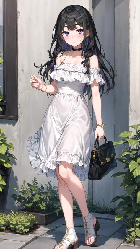 <lora:pastelMixStylizedAnime_pastelMixLoraVersion:0.25>, <lora:roluaStyleLora_r:0.25>,<lora:V11ForegroundPlant_V11:0.3>, masterpiece, best quality, 1girl, solo, purple eyes, black long hair, small breast, <lora:miki-v2+v3:0.6>, full body, sandals, blush, collarbone, white footwear, miki bag summer, miki v2,