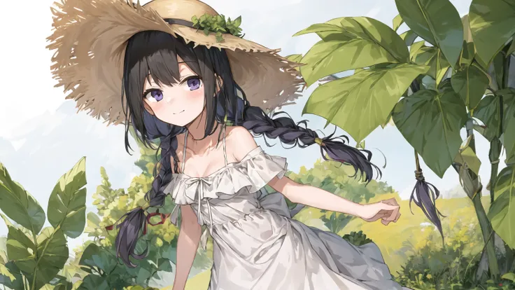 <lora:pastelMixStylizedAnime_pastelMixLoraVersion:0.3>, <lora:roluaStyleLora_r:0.3>,<lora:V11ForegroundPlant_V11:0.4>, masterpiece, best quality, 1girl, solo, purple eyes, black hair, [purple streaked hair], (small breast), side_braidstreet, plant, <lora:miki-v2+v3:0.6>, (white dress), skirt, off-shoulder dress, bare shoulders, straw hat, (:>), twin braids, , full body, (sunshine), (), sandals, blush, collarbone, white fottwear, miki bag summer, miki v2, , ,