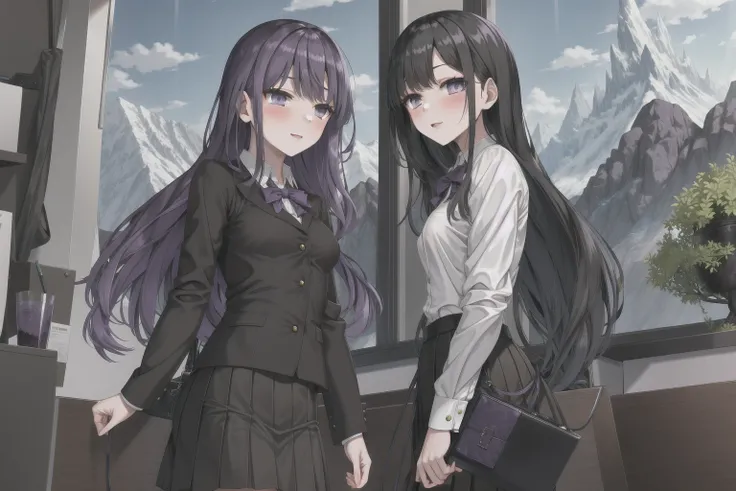 masterpiece, best quality, 1girls, purple eyes, black long hair, skirt, small breast, mountain, <lora:miki-v2+v3:0.5>, purple eyes, office lady,
