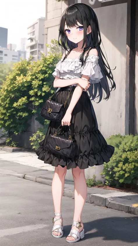<lora:pastelMixStylizedAnime_pastelMixLoraVersion:0.25>, <lora:roluaStyleLora_r:0.25>,<lora:V11ForegroundPlant_V11:0.3>, masterpiece, best quality, 1girl, solo, purple eyes, black long hair, small breast, <lora:miki-v2+v3:0.6>, full body, sandals, blush, collarbone, white footwear, miki bag summer, miki v2,