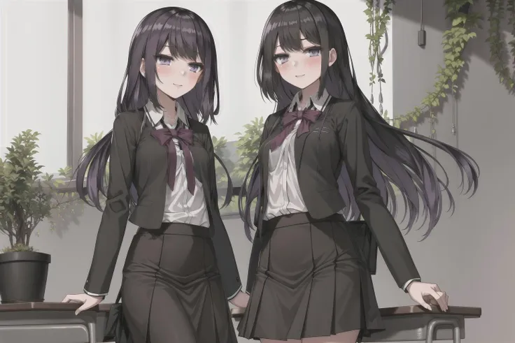 masterpiece, best quality, 1girls, purple eyes, black long hair, skirt, small breast, school, plant, <lora:miki-v2+v3:0.6>, purple eyes, school uniform, school_uniform