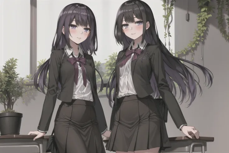 masterpiece, best quality, 1girls, purple eyes, black long hair, skirt, small breast, school, plant, <lora:miki-v2+v3:0.6>, purple eyes, school uniform, school_uniform