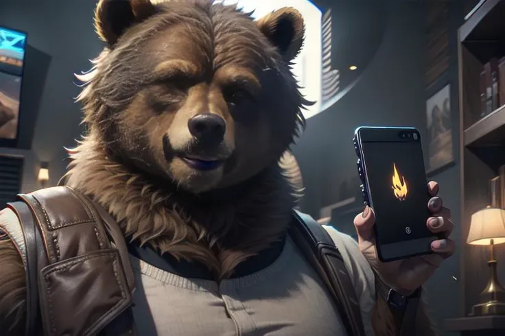 <lora:fantastic_characters_v4:0.9>, (fantchar), a bear holding a smartphone, depth of field, dynamic pose, dramatic angle, unreal engine, 8k, highly detailed, unreal engine, photo, photorealistic, hyperrealistic, cinematic lighting, cinematic composition, beautiful lighting, sharp, details, hdr, 4k