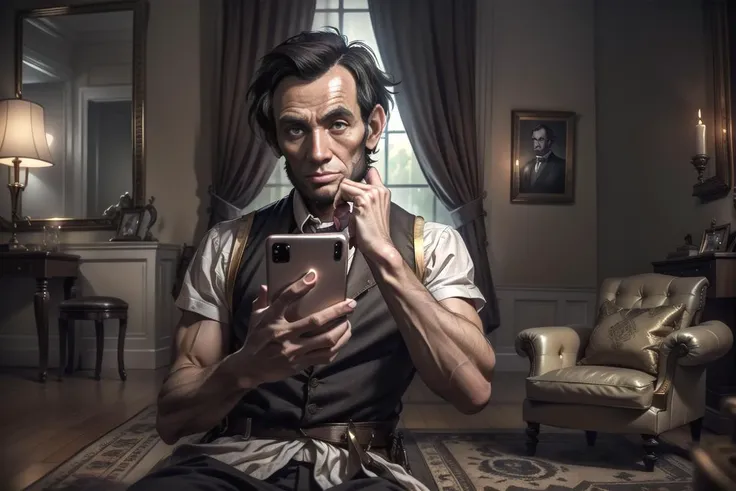 <lora:fantastic_characters_v4:0.9>, (fantchar), (abraham lincoln holding a smartphone, mirror selfie), serious face, ancient living room, old, depth of field, dynamic pose, dramatic angle, unreal engine, 8k, highly detailed, unreal engine, photo, photorealistic, hyperrealistic, cinematic lighting, cinematic composition, beautiful lighting, sharp, details, hdr, 4k