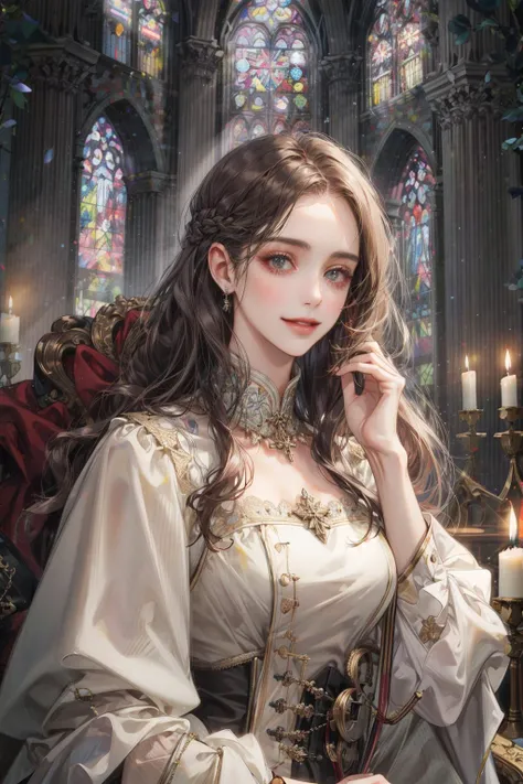 (absurdres, highres, ultra detailed), 1woman, solo, mature, aged up, (long hair), Baroque, long sleeve, elegant, colorful, upper body, cathedral, holy, smile, (closed mouth), dutch angle