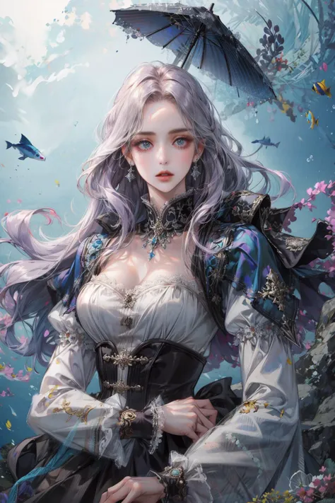 (absurdres, highres, ultra detailed), 1woman, solo, mature, aged up, (long hair), Baroque, long sleeve, elegant, colorful, upper body, underwater, floating hair, dutch angle