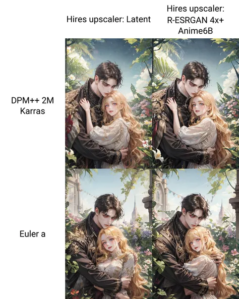 (absurdres, highres, ultra detailed), 2others, couple, 1boy with 1girl, mature, (Height difference1.3), different hair color, happy, love, (hug), upper body, long hair girl, blonde and black hair, fantasy, spring, garden, closed mouth