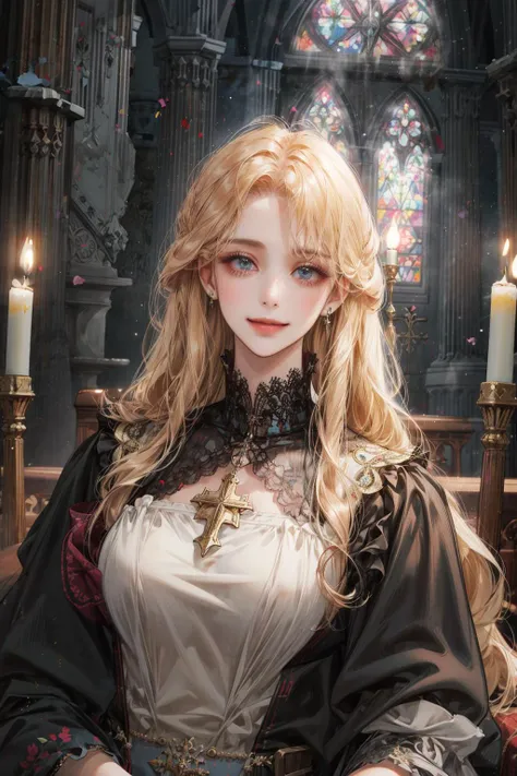 (absurdres, highres, ultra detailed), 1woman, solo, mature, aged up, (long hair), Baroque, long sleeve, elegant, colorful, upper body, cathedral, holy, smile, (closed mouth), dutch angle