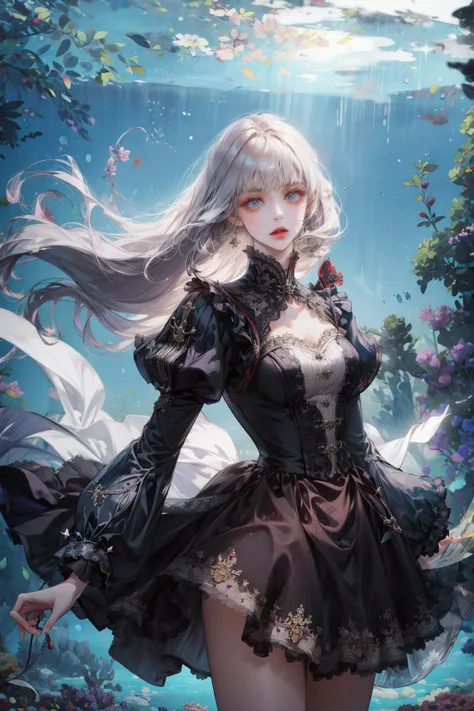 (absurdres, highres, ultra detailed), 1woman, solo, mature, aged up, (long hair), Baroque, long sleeve, elegant, colorful, cowboy shot, underwater, floating hair, dutch angle