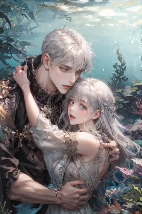(absurdres, highres, ultra detailed), 2others, couple, 1man with 1woman, mature, Height difference, different hair color, happy, love, hug, upper body, long hair, brown hair and silver hair, fantasy, underwater, looking at each other