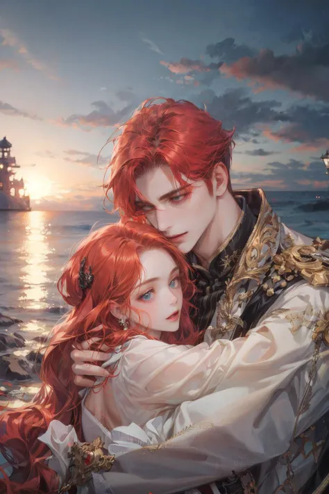 (absurdres, highres, ultra detailed), 2others, couple, 1man with 1woman, mature, Height difference, different hair color, happy, love, hug, upper body, long hair, blonde and red hair, fantasy, ocean, looking at each other