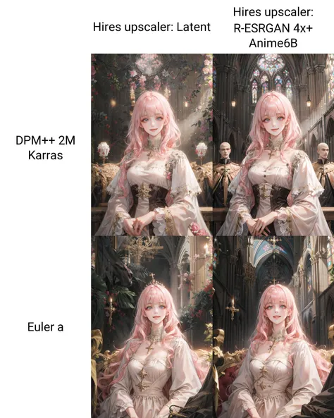 (absurdres, highres, ultra detailed), 1woman, solo, mature, aged up, (long pink hair, blunt bangs), Baroque, long dress, long sleeve, elegant, colorful, highest detailed, upper body, cathedral, holy, smile, (closed mouth), dutch angle