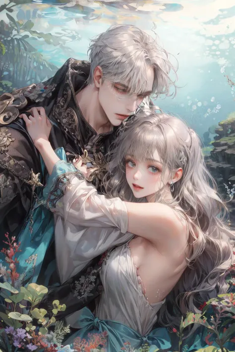 (absurdres, highres, ultra detailed), 2others, couple, 1man with 1woman, mature, Height difference, different hair color, happy, love, hug, upper body, long hair, brown hair and silver hair, fantasy, underwater, looking at each other