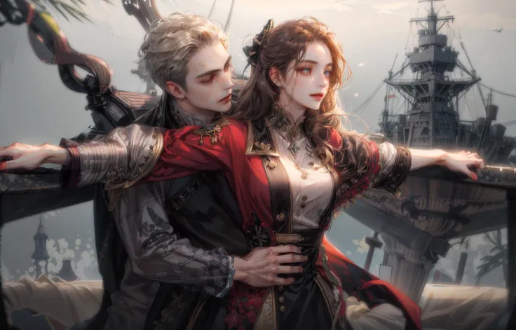 (absurdres, highres, ultra detailed), 2others, couple, 1boy with 1girl, mature, (Height difference:1.3), happy, love, upper body, hug from behind, long hair girl, fantasy, knight and lady, closed mouth, stand on ship head