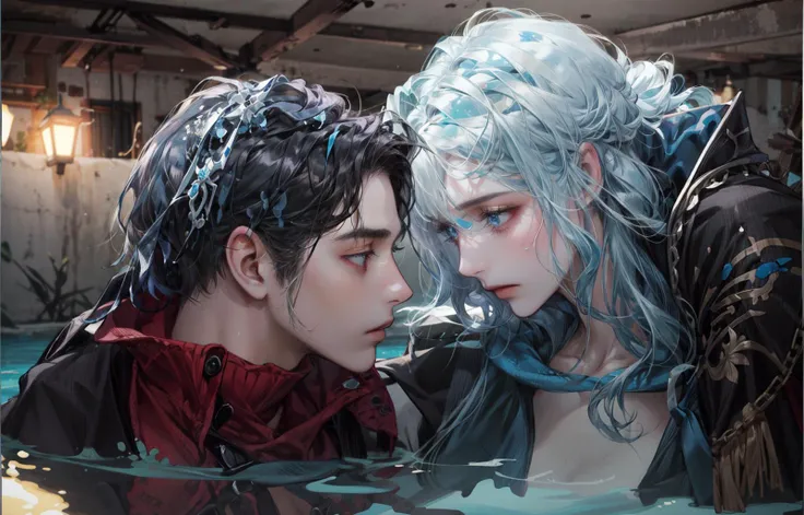 (absurdres, highres, ultra detailed), couple, 1 boy on left, 1girl on right, looking looking at another, mature, (Height difference:1.3), sad, love, upper body, cold , long hair girl, fantasy, knight in water and lady on shipwreck, closed mouth, blue and white palette