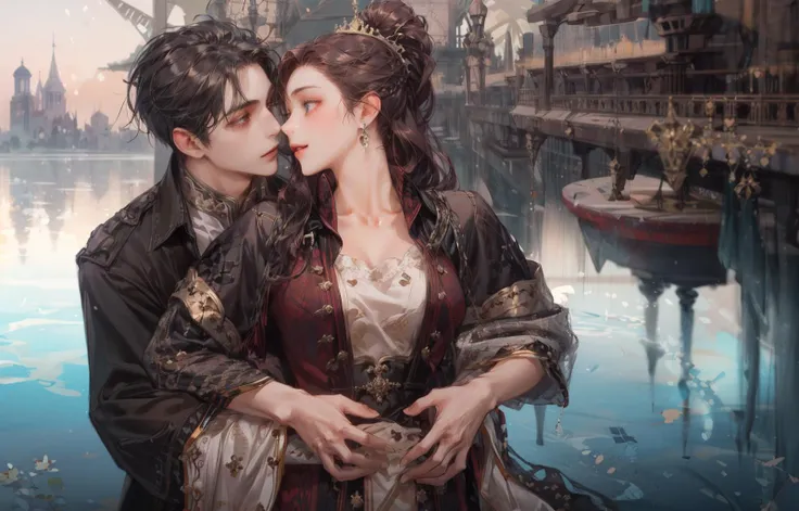 (absurdres, highres, ultra detailed), 2others, couple, 1boy with 1girl, mature, (Height difference:1.3), happy, love, upper body, hug from behind, long hair girl, fantasy, knight and lady, closed mouth, stand on ship head