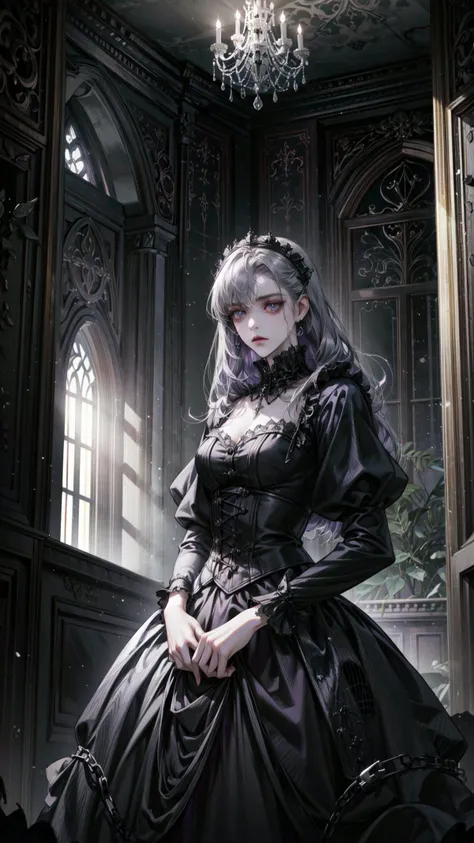 ((best quality, masterpiece, absurdres)) Black, Gray, Purple, Abandoned Mansion, Dark Light, Gothic Fashion, Moody Pose
