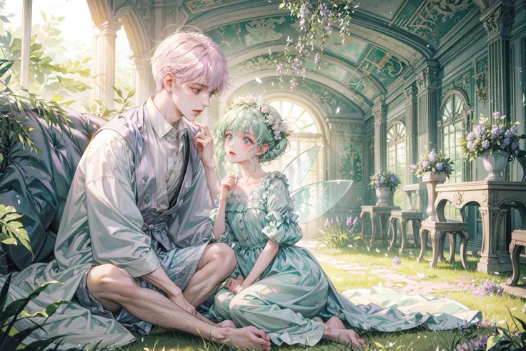 ((best quality, masterpiece, absurbres)) Dreamy Details, Full Body, Soft Pastels, Lavender, Mint Green, Pink, 2 Boys, Fairy Kei Style, Enchanted Forest, Sunlight Filtering Through Trees, Playful Poses <lora:GoodHands-vanilla:1>